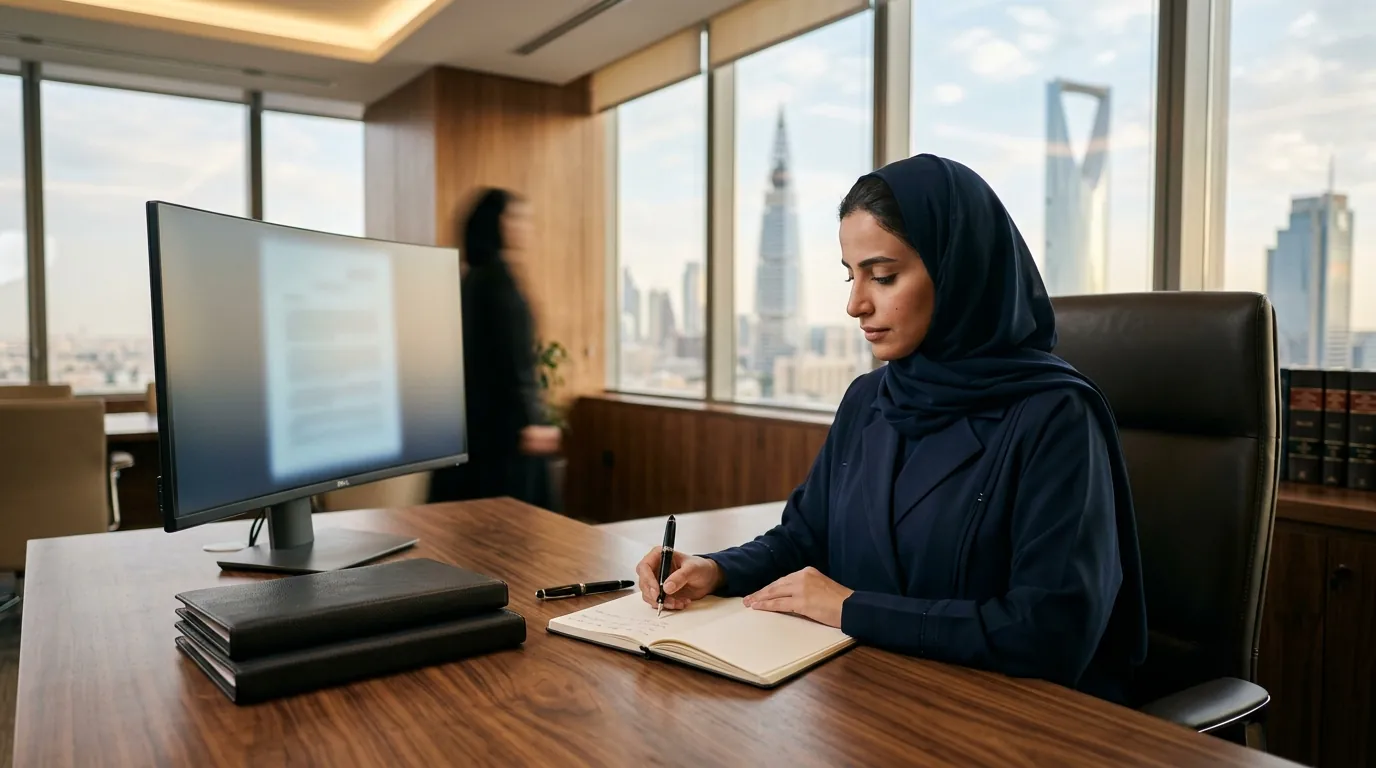 محامية سعودية تراجع مسودة مذكرة على شاشة إلى جوار ملفات القضية
