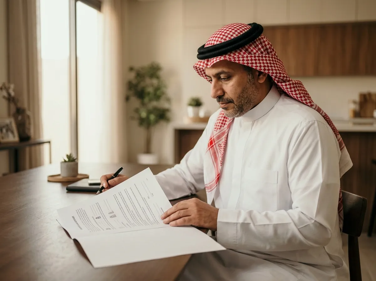 مواطن سعودي يراجع عقد إيجار سكني في منزله قبل التوقيع