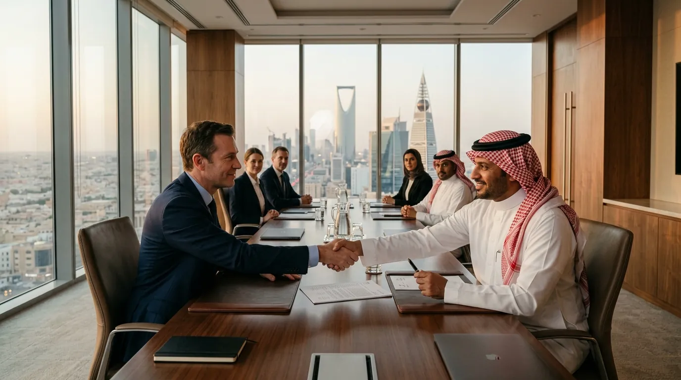 مستثمر أجنبي يبرم اتفاقية استثمار مع شريكه السعودي في قاعة اجتماعات الرياض